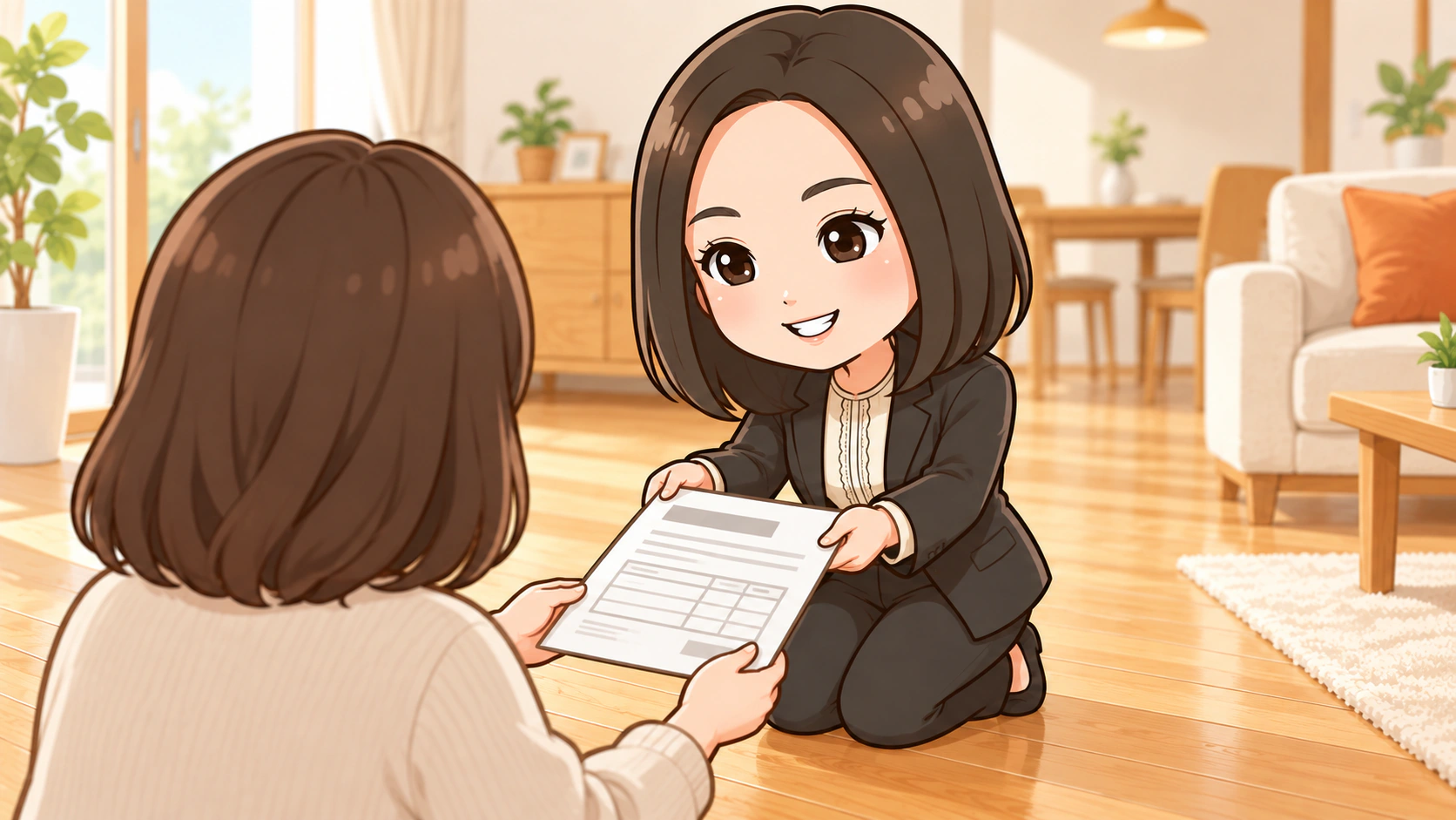 自宅でお客様へ見積書を手渡すGoldhurst代表 澤田のイラスト
