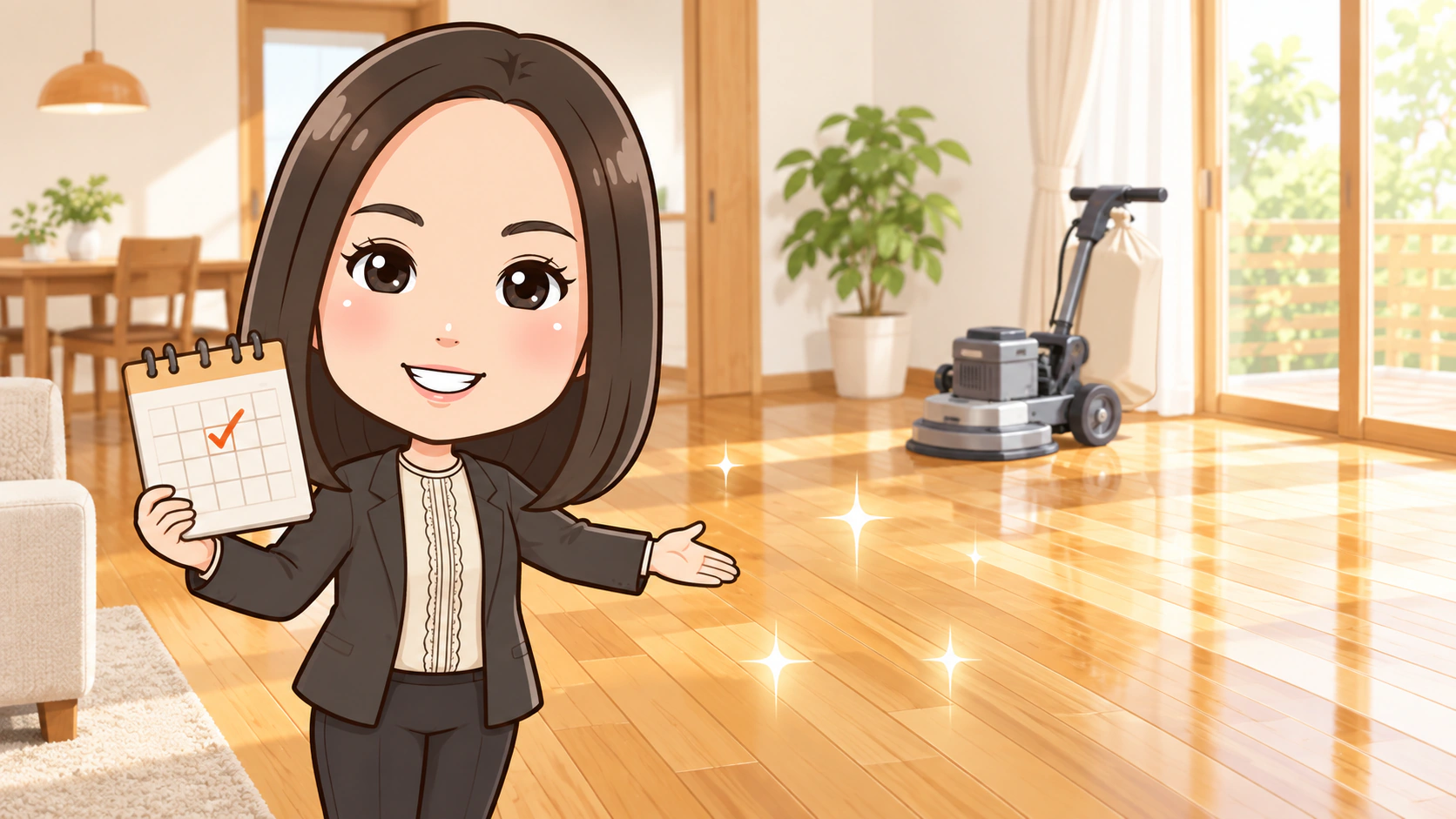 施工日を決めて美しく再生した床を案内するGoldhurst代表 澤田のイラスト